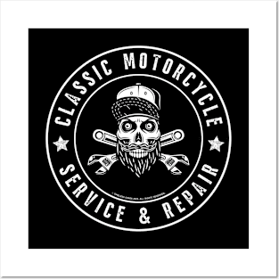 Classic Motorcycle Service & Repair Hipster Skull Posters and Art